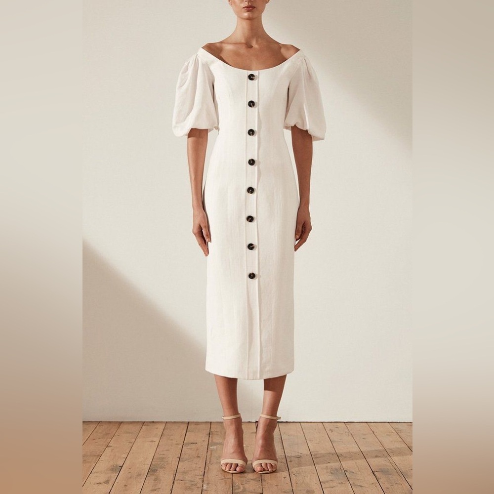 😍😍BLOGGER’S FAVE Shona Joy Gaia off shoulder button wiggle linen midi dress 4